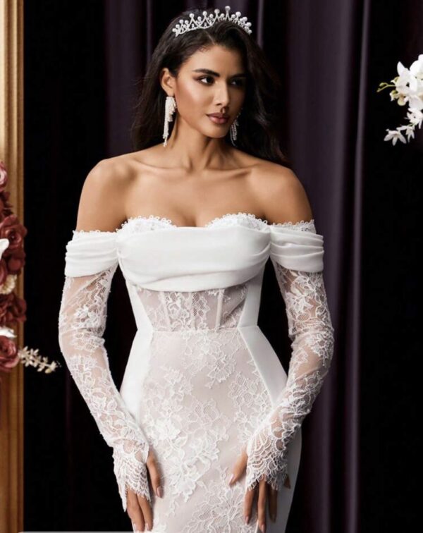 Elegant Off Shoulder Lace Mermaid Tail Wedding Dress - Image 2