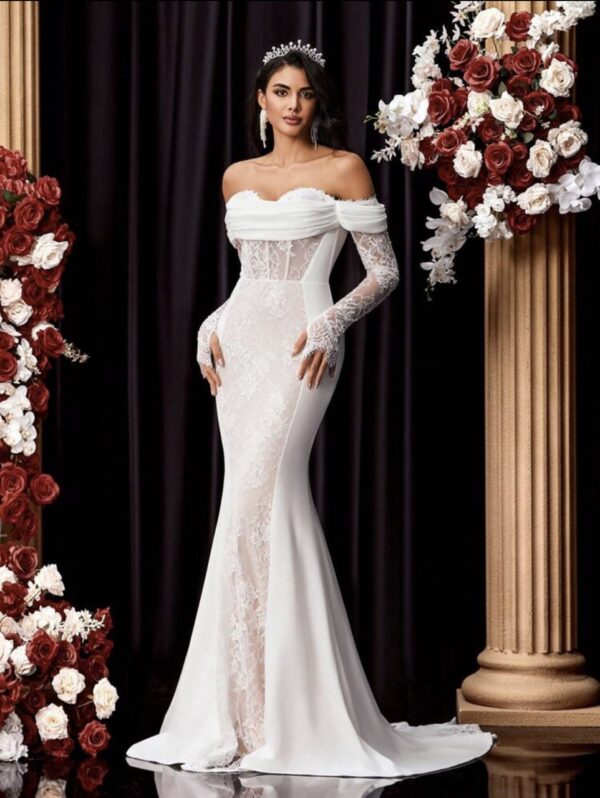 Elegant Off Shoulder Lace Mermaid Tail Wedding Dress - Image 5