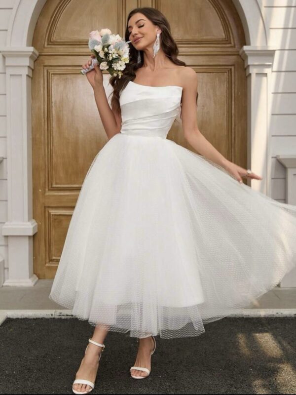 Strapless Satin & Tulle White Dress - Image 2