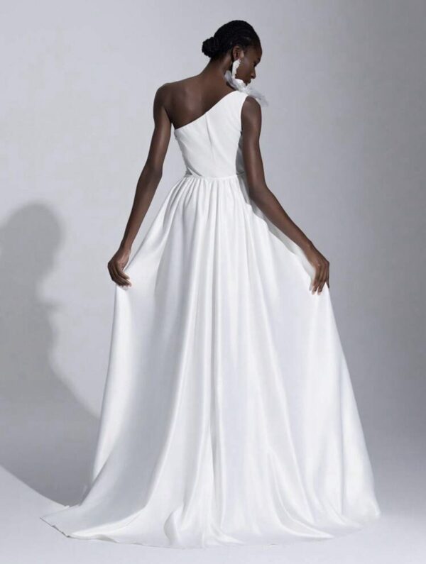 White Luxury Satin Dress, Decorated With Handmade Flowers - Image 4