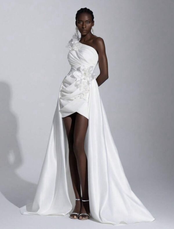 White Luxury Satin Dress, Decorated With Handmade Flowers - Image 5