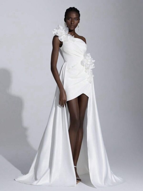 White Luxury Satin Dress, Decorated With Handmade Flowers