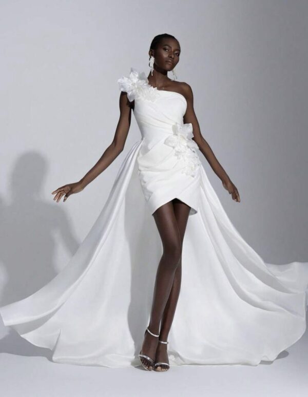 White Luxury Satin Dress, Decorated With Handmade Flowers - Image 3