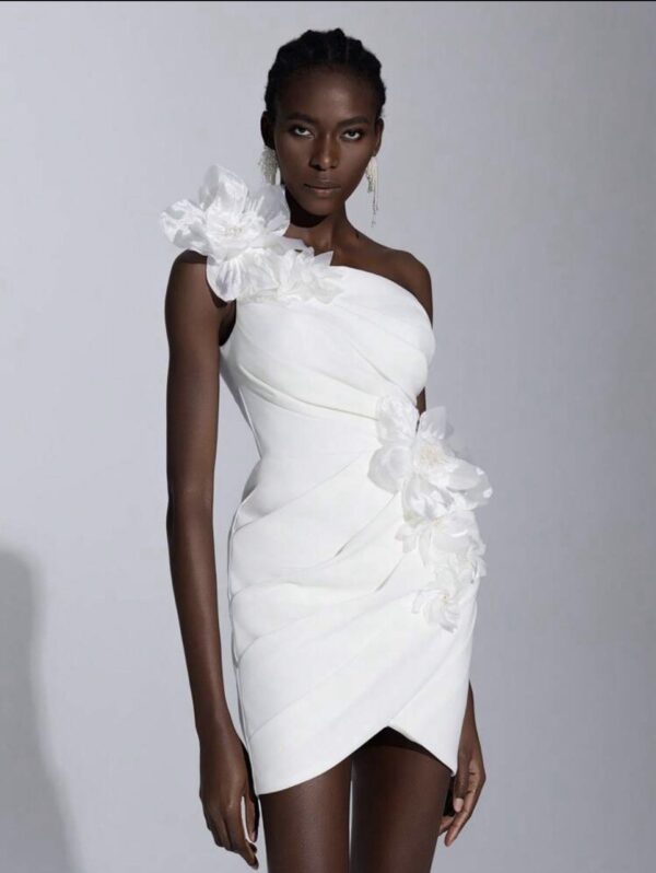 White Luxury Satin Dress, Decorated With Handmade Flowers - Image 6