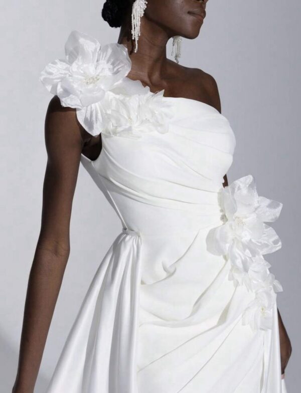 White Luxury Satin Dress, Decorated With Handmade Flowers - Image 2